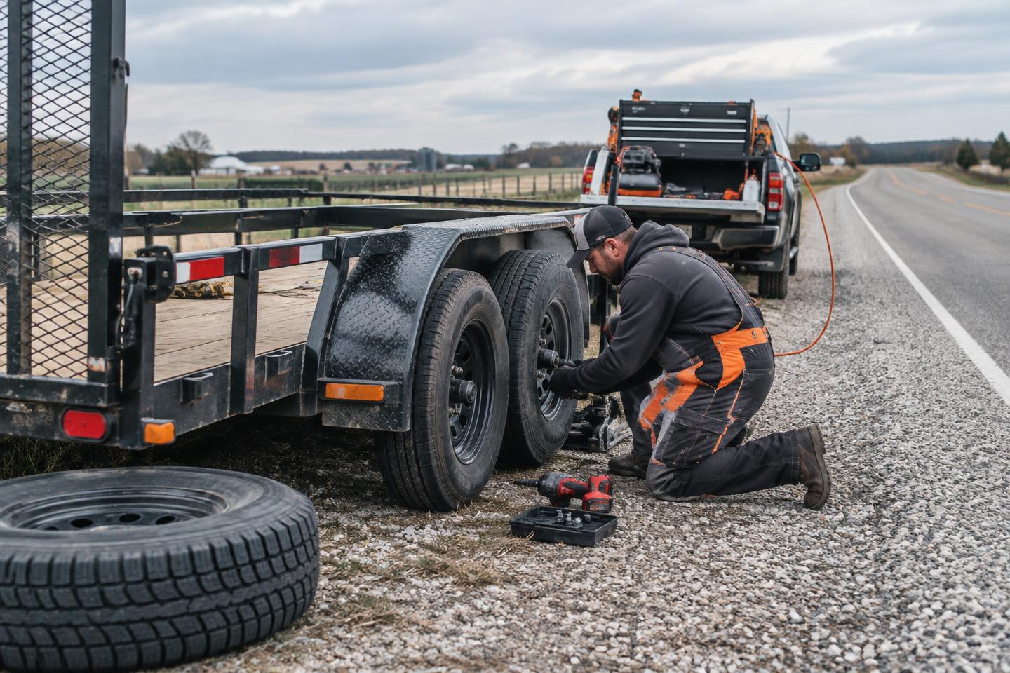Mobile tire service for a utility trailer